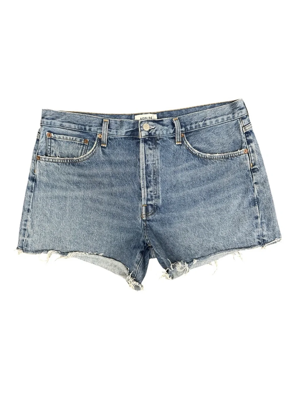 AGOLDE Parker Long Cutoff Denim Jeans Jorts Skywave Medium Blue Wash 32 $148
